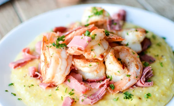 Caraway Havarti grits with shrimp and corned beef