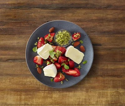 Double Crème White with strawberries and mint pesto