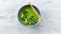 Cold Pea Soup with Yogurt and Grissini Breadsticks 
