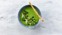 Cold Pea Soup with Yogurt and Grissini Breadsticks