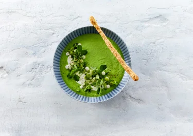 Cold Pea Soup with Yogurt and Grissini Breadsticks