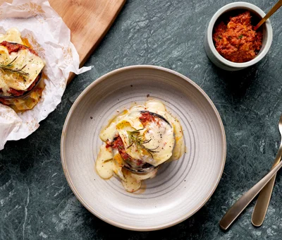 Eggplant Tower with Double Cream Chilli & Tomato Pesto