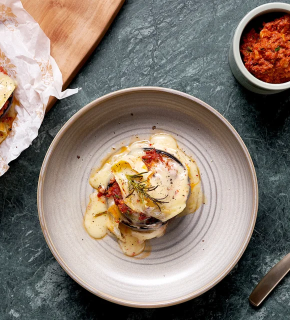 Aubergine Tower with Extra Creamy Brie with Chilli & Tomato Pesto