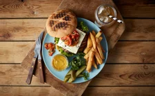 Burger with Blue Cheese, roasted onions & mustard sauce