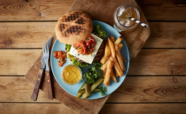 Burger with Blue Cheese, Roasted Onions & Mustard Sauce