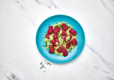 Purple gnocchi with punchy pesto