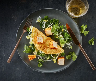 Crispy rice noodle omelette with Castello® Chilli & Ginger Cream Cheese