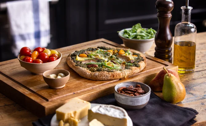 brie pizza with pear pecan and pesto
