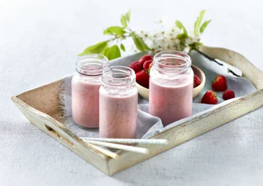 Strawberry protein smoothie with raspberries