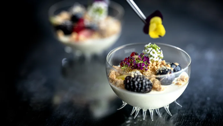 Skyr panna cotta, crumble en gemarineerd fruit