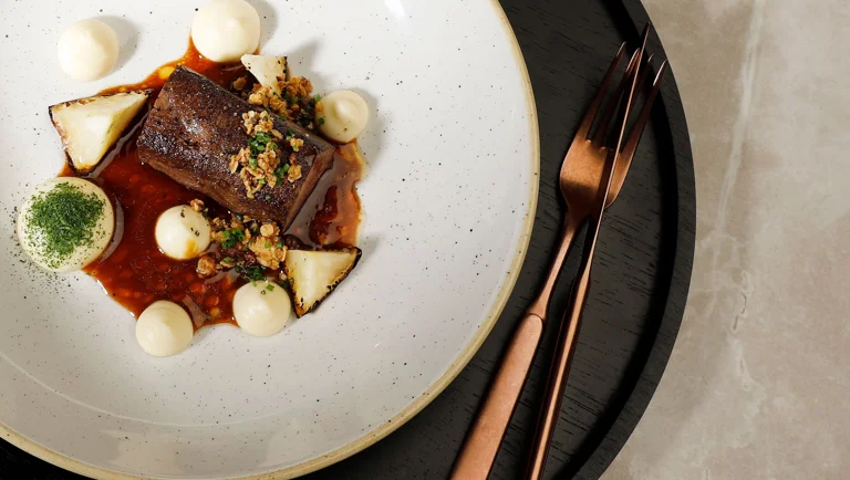 Poroa, selleriä, karpalomysliä ja pähkinävoikastike