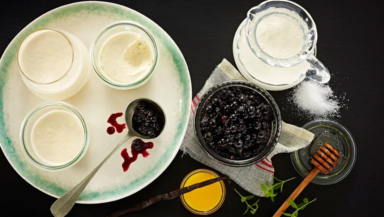 Lemon Verbena & Vanilla Parfait With Baked Blackcurrants