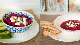 Buraczkowy humus, zielona papryka i ogórki