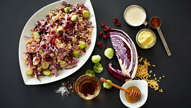 Rødkål og kamutsalat med flødevinaigrette