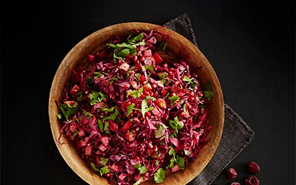 Coleslaw of red cabbage, beetroot and pomegranate seeds