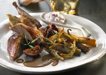 Vildand med friske figner, rodfrugter og tyttebærskum