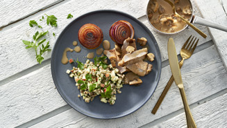 Skinkeschnitzler i svampesauce