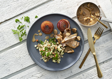 Skinkeschnitzler i svampesauce